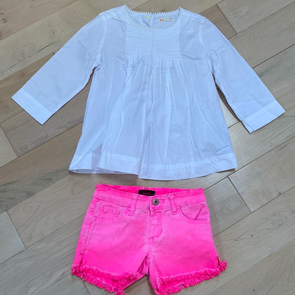 Crewcuts Butter super soft white top hot pink stretch denim shorts